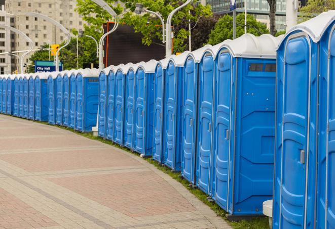 colorful portable restrooms available for rent at a local fair or carnival in Chester, NJ